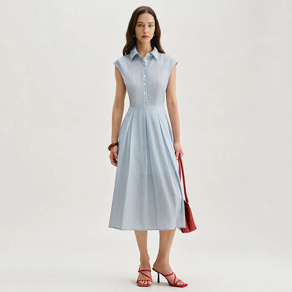 Blue Striped Cap Sleeve Midi Dress