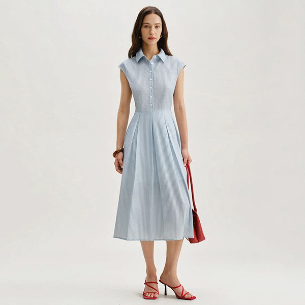 Blue Striped Cap Sleeve Midi Dress