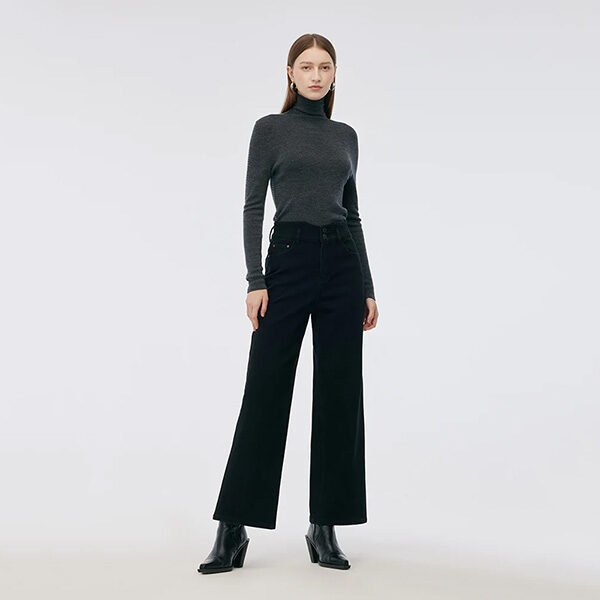 High Waisted Fleece Lined Wide Leg Jeans-Black