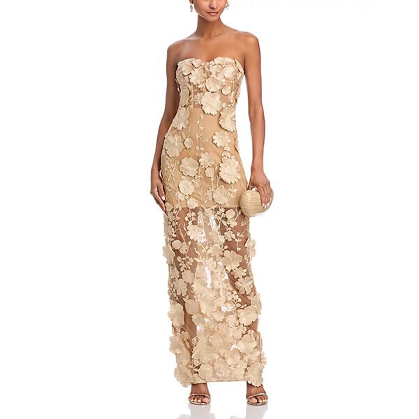 Aqua 3D Floral Long Gown-Gold Exclusive