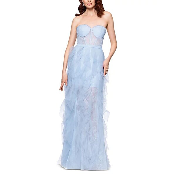 AQUA Strapless Lace Ruffle Gown-Blue