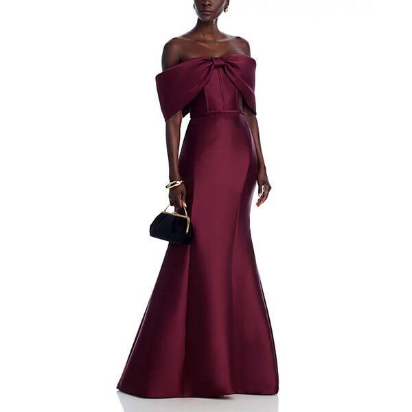Amsale Bow Detail Shoulder Gown-Ruby