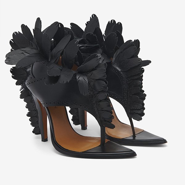 Feathered Leather Sandal-Black Pointed Toe
