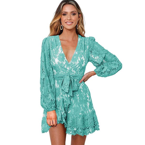 Lace wrap dress with long sleeves and floral pattern