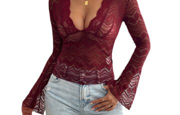 Womens Y2K Bell Sleeve Lace Hollow Out Top (1)
