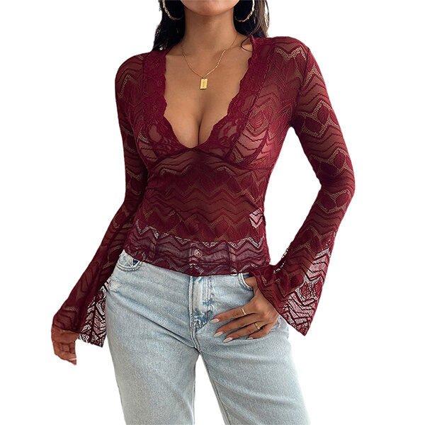 Womens Y2K Bell Sleeve Lace Hollow Out Top