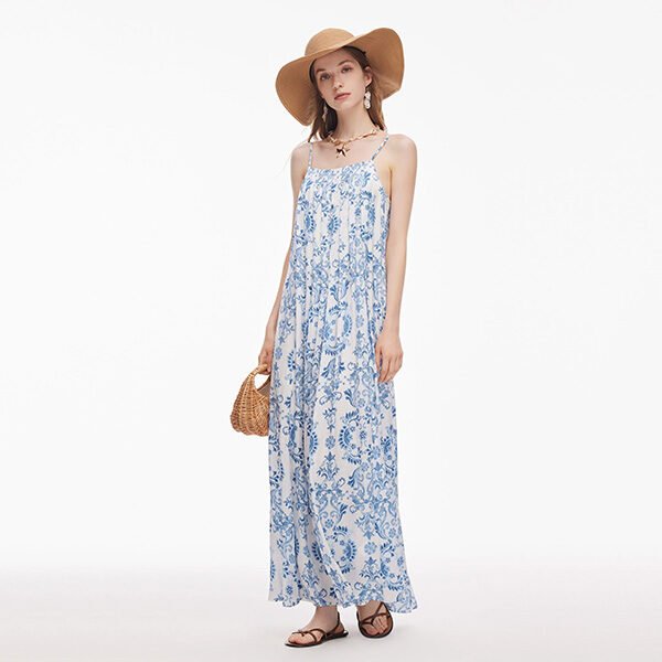 Floral Print Pleated Maxi Dress-Ethnic Blue
