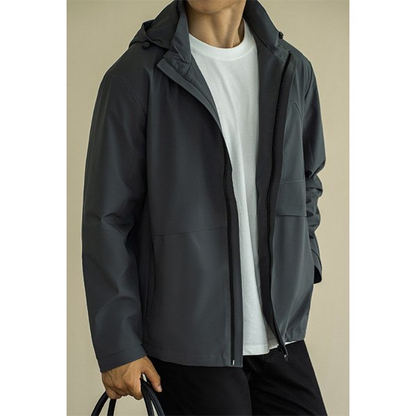 Lightweight jacket for men with hood in gray featuring waterproof fabric