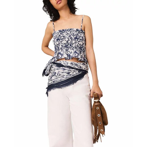 Maje Smocked Fruit Print Crop Top-Blue