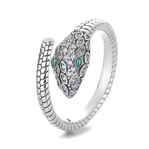 S925 Silver Green Eye Cobra Open Ring