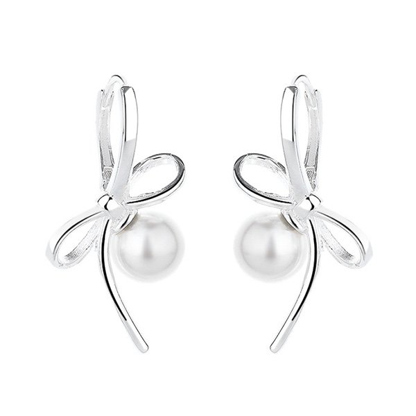 Pearl Earrings silver bow design with white pearl drop on white background