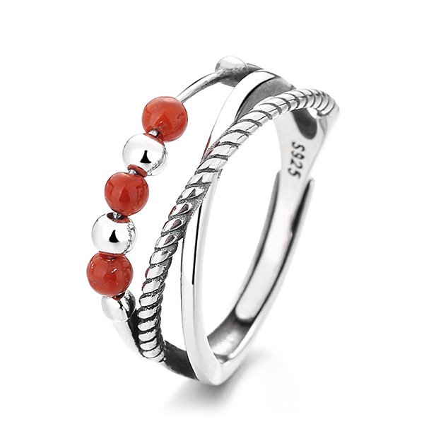Sterling Silver Ring - Red Bead Twist