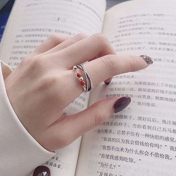 Sterling Silver Ring - Red Bead Twist