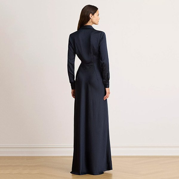 Charmeuse Gown Lauren Ralph Lauren navy back view with fold collar and floor-length fit-and-flare skirt