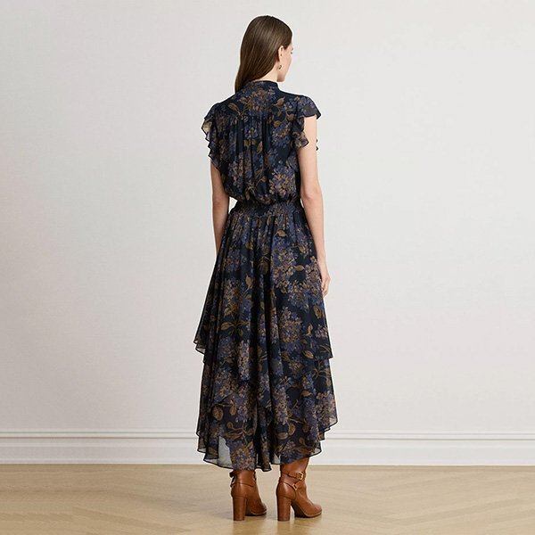 Floral Midi Dress back view with smocked waist and high-low handkerchief hem by Lauren Ralph Lauren