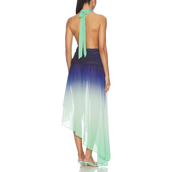 Halter Maxi Dress Sargun blue green ombre back view with open back and halter tie bow by NBD