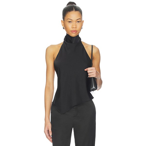 Halter Top Wendy black satin mock neck asymmetric hem front view by ALL THE WAYS