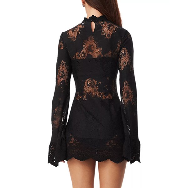 Lace Mini Dress SNDYS Astra back view with button keyhole closure and scalloped trim