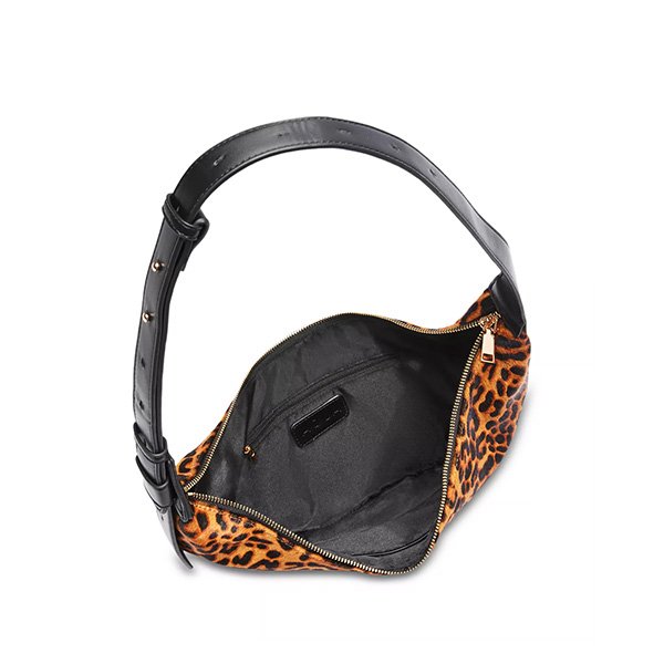 Leopard Hobo Bag AQUA interior view showing fabric lining, zip pocket and studded strap