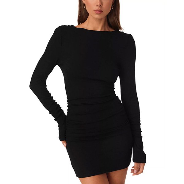 Long Sleeve Mini Dress black high boat neck body-hugging front view by SNDYS