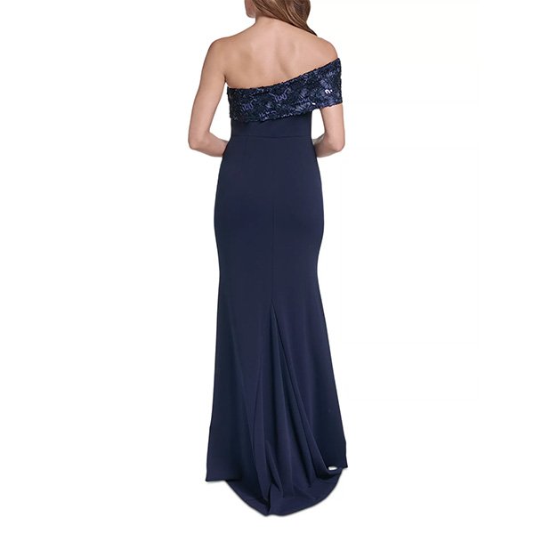 One Shoulder Gown Eliza J navy back view with godet pleat and embellished floral neckline