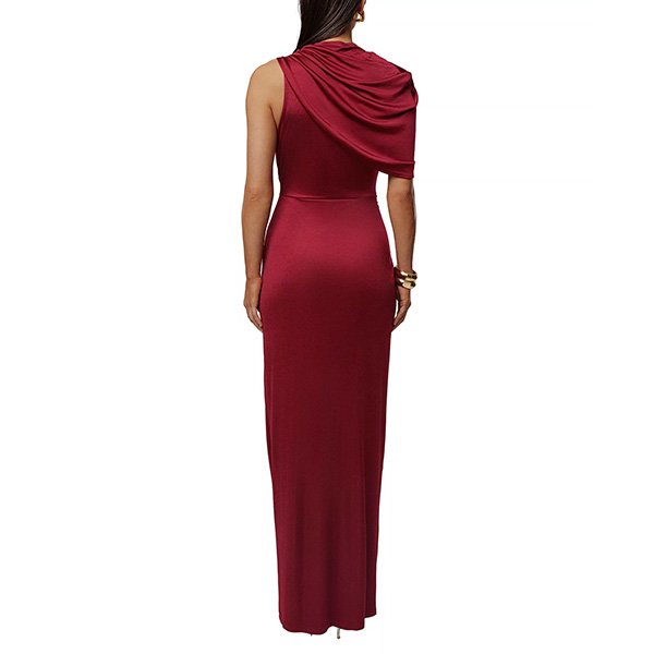 One Shoulder Maxi Dress burgundy back view with draped asymmetric shoulder by JLUXLABEL