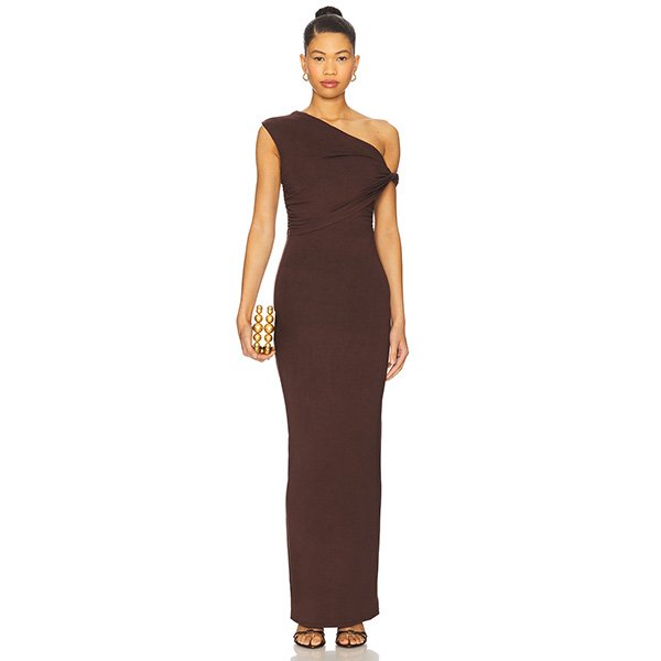 One Shoulder Maxi Dress Alessia brown jersey with twist front and side ruching by superdown