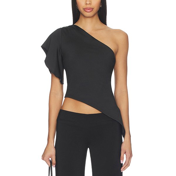 One Shoulder Top Marlene black with flutter sleeve and diagonal hem by superdown