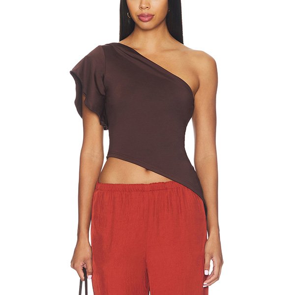 One Shoulder Top Marlene brown slinky jersey one shoulder styling by superdown