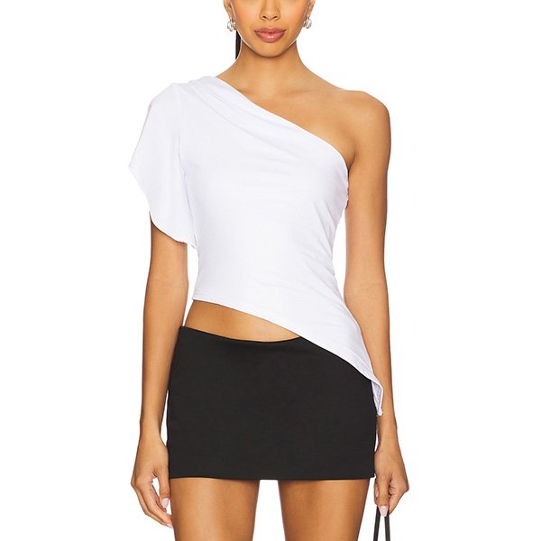 One Shoulder Top Marlene white asymmetric hem styled with black mini skirt by superdown
