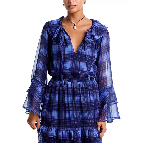 Plaid Blouse - Ruffled Tie Neck | AQUA