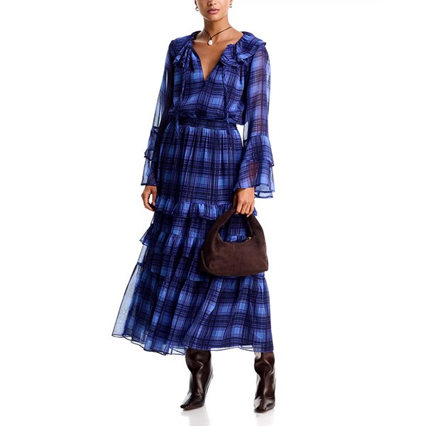 Plaid Blouse - Ruffled Tie Neck | AQUA