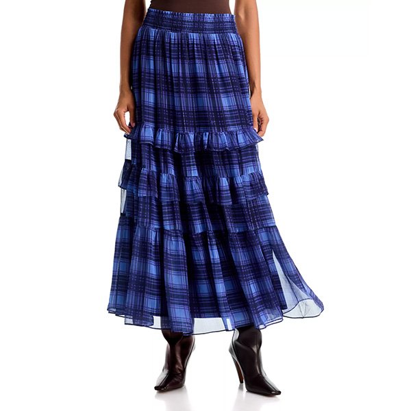 Plaid Blouse complete the set with matching blue plaid tiered ruffle midi skirt by AQUA
