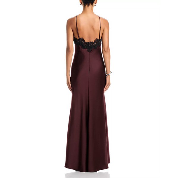 Satin Gown AQUA chocolate back view with black lace trim and open back zip