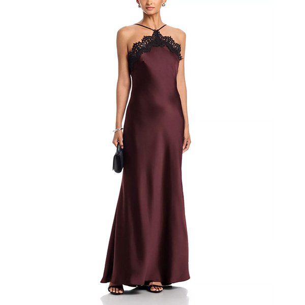 Satin Gown - Lace Trim Halter | AQUA