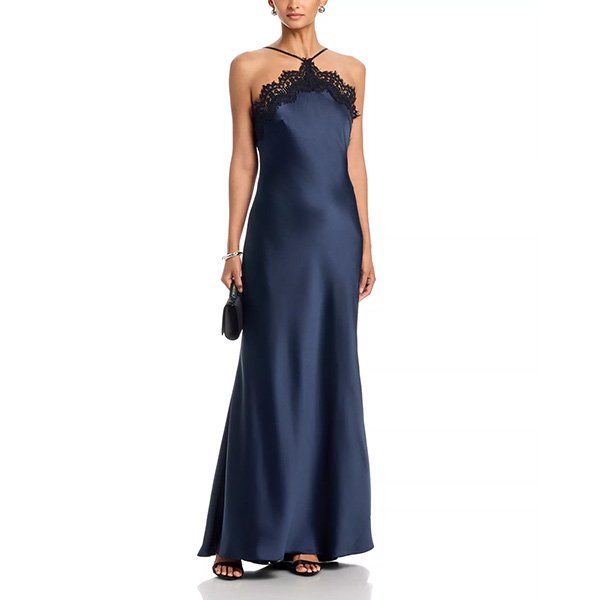 Satin Gown - Lace Trim Halter | AQUA