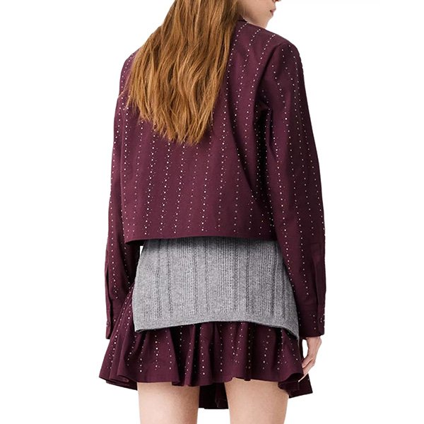 Shirt And Skirt Set Maje burgundy back view styled with grey sweater at waist