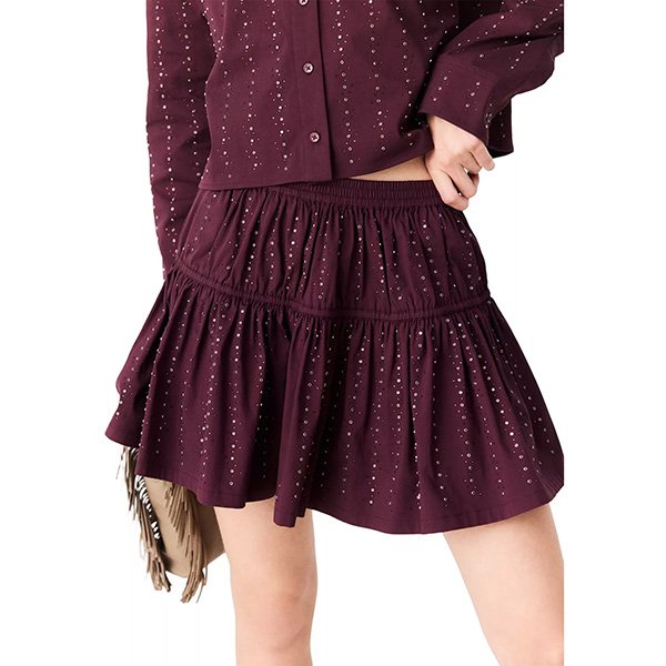Shirt And Skirt Set Maje tiered rhinestone skirt close-up with elasticized waist