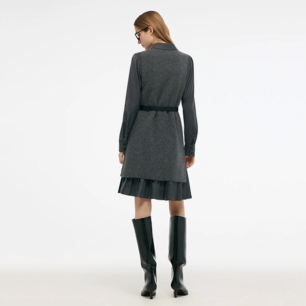 Shirt Dress Set smoke grey back view with wool blend knit vest, belt and pleated hem by Goelia
