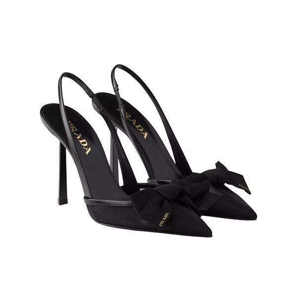 Slingback Pumps Prada black mesh fabric with grosgrain bow and pointed toe on 100mm heel