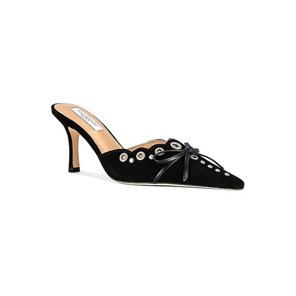 Suede Mules Tony Bianco black suede pointed toe with silver eyelets and bow
