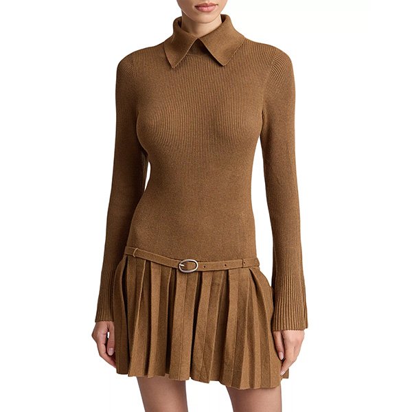 Sweater Dress russet with polo collar and adjustable buckle belt by Avec Les Filles