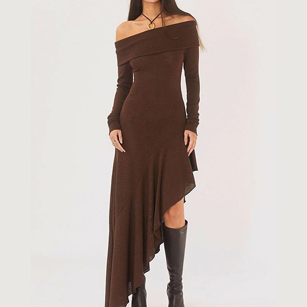 Coffee Off Shoulder Ruffle Maxi Dress 1