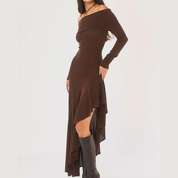 Coffee Off Shoulder Ruffle Maxi Dress 4