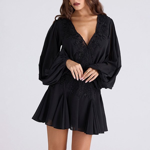 HOUSE OF CB Gianna Beaded Dress in Black