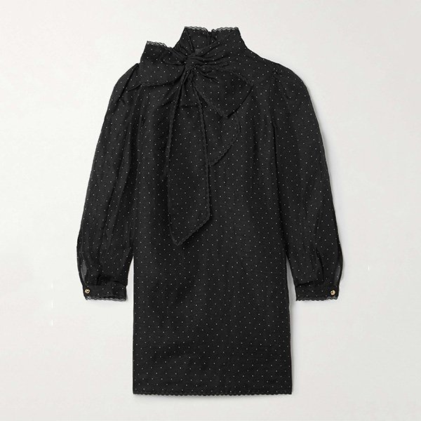 Polka Dot Dress Zimmermann black organza with pussy-bow, lace trim and white dots flat lay