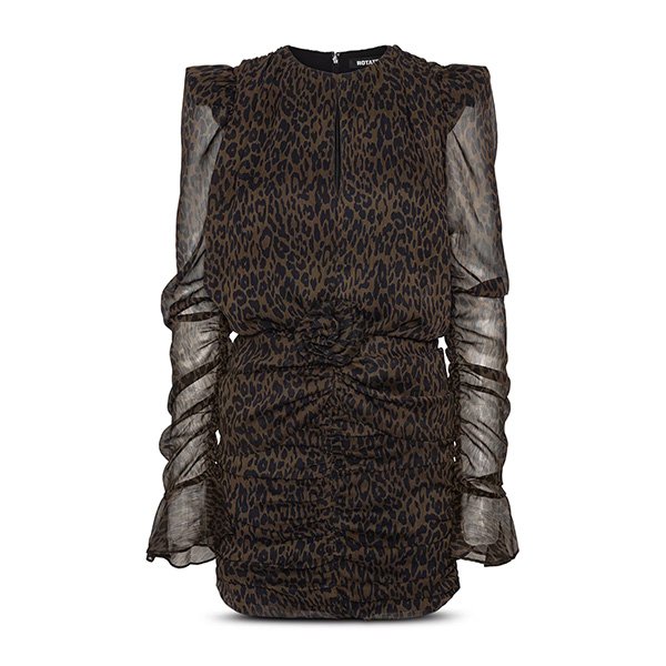 Leopard Mini Dress ROTATE flat lay showing allover print, sheer sleeves and back zip