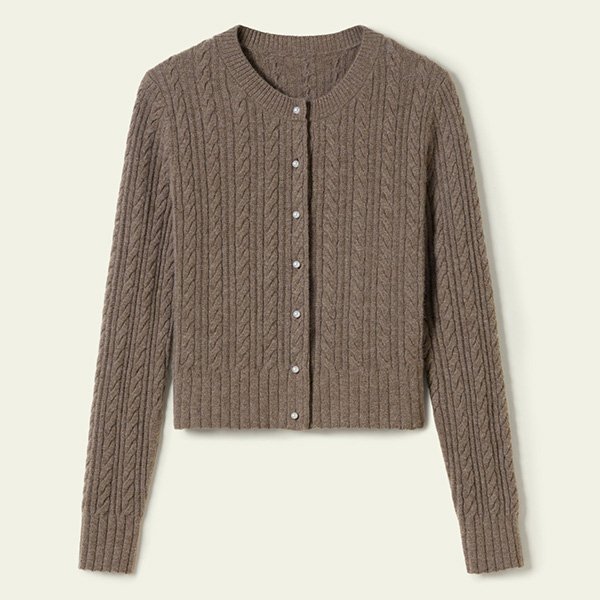 Cashmere Cardigan truffle brown baby cashmere cable knit cropped silhouette