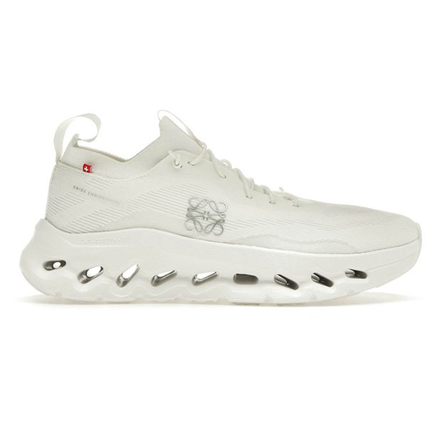 Designer Sneakers On Running LOEWE All White side view with Swiss Engineering print