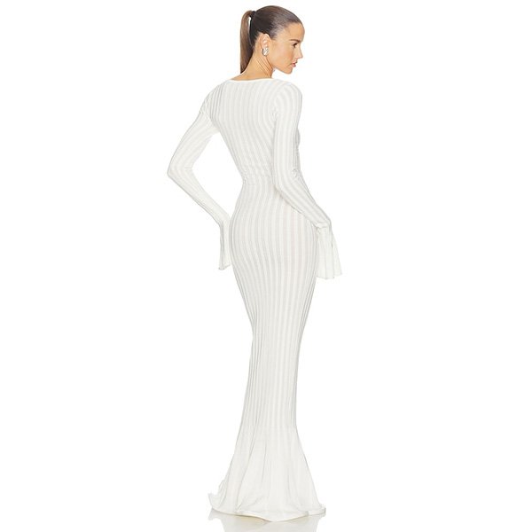 Knit Maxi Dress Helsa white ribbed back view with flared hem and bell sleeves